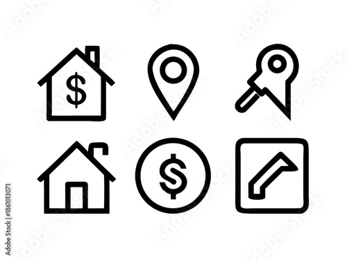 Real Estate Icons Set Featuring Houses, Apartments, Keys, and Property Rental Symbols