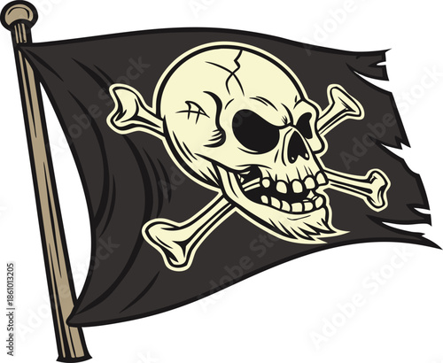 Distressed pirate flag with skull and crossbones vector illustration, transparent background, ideal for pirate-themed posters, merchandise, or digital art.