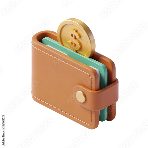 Digital Wallet with Coin and Card in Leather Wallet for Financial Transactions