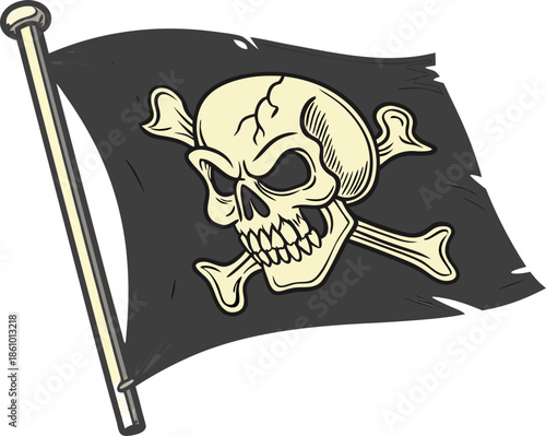 Pirate flag vector with skull emblem, grunge texture, transparent background, perfect for pirate banners, Halloween, or themed decorations.