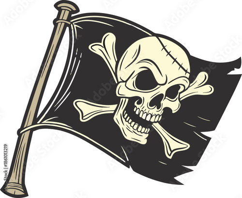 Distressed grunge Jolly Roger flag vector illustration, featuring skull and crossbones, isolated on transparent background for pirate-themed projects.
