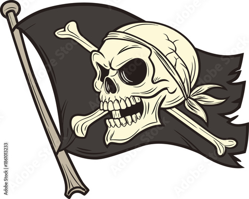 Jolly Roger grunge pirate flag vector with skull emblem, distressed edges, isolated on transparent background for banners, posters, and merchandise.