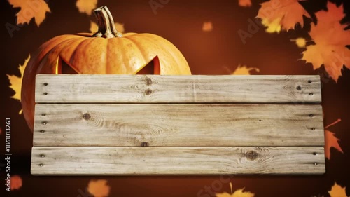 Spooky carved pumpkin with wooden sign surrounded by autumn leaves