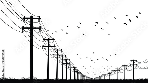 Long row of electricity utility poles with overhead power lines in rural landscape, flying birds silhouette, energy distribution network infrastructure illustration background