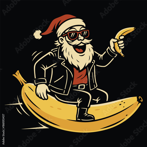 Rocker Santa Riding a Giant Banana - Funny Retro Christmas Illustration