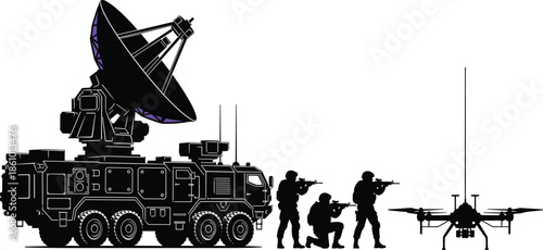 military communication vehicle with satellite radar, armed soldiers and surveillance drone silhouette, modern army technology operation scene, defense equipment vector illustration