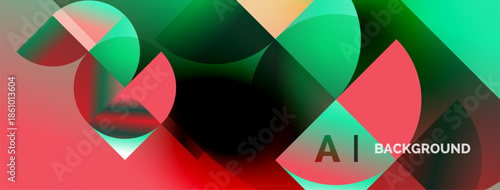 Abstract vibrant shapes overlap, creating dynamic red, green gradients. Modern design suggests technology, innovation.