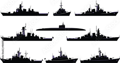 military navy warship silhouettes, battleship destroyer submarine fleet illustration, maritime defense vessels, ocean combat ships collection, naval force equipment graphic