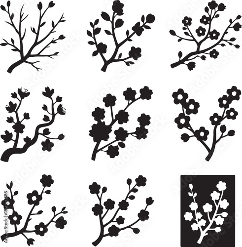 black silhouettes of various flowering branches and trees with leaves and buds