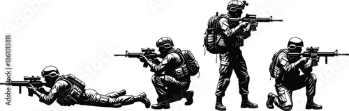 modern military soldiers silhouette, tactical army team aiming rifles, special forces combat poses illustration, black vector troop artwork, defense war concept design
