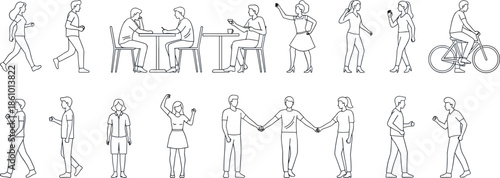modern people activity outline illustration, walking talking sitting cycling characters, lifestyle poses collection, minimal line art vector scene design, creative graphic set
