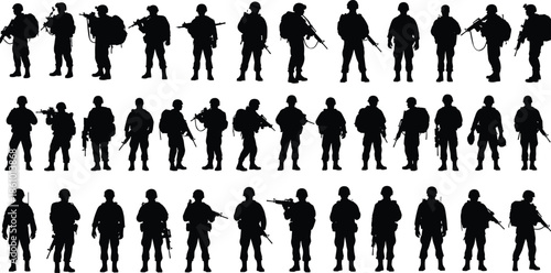 modern soldier silhouette army troops military team standing poses, combat patrol illustration, tactical gear armed forces figure collection, black vector set
