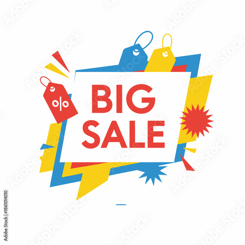 Big Sale Abstract Design with Price Tags and Geometric Shapes, Red, Blue, Yellow