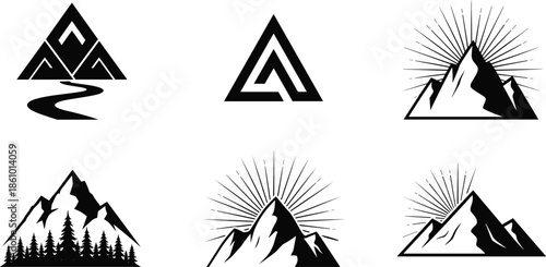 mountain landscape logo collection, adventure nature badge design, sunrise behind peaks, outdoor travel emblem, black silhouette vector set, illustration, minimal style