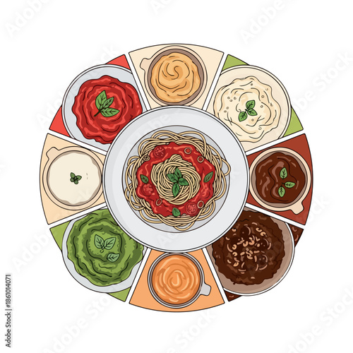 A digital illustration of various dips and sauces arranged on a circular plate, including hummus and spaghetti sauce. Perfect for food blogs, restaurant menus, and culinary presentations.