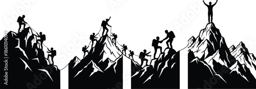 Mountain climbers team helping each other reach summit, leadership teamwork challenge success, hiking adventure silhouette, motivation achievement concept illustration vector design