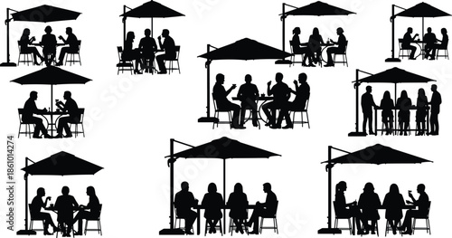 outdoor cafe people silhouette, friends sitting and drinking under umbrellas, restaurant terrace social gathering illustration, street dining scene vector artwork design