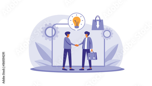 Two businessmen shaking hands with lightbulb idea