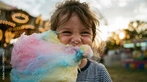 Joyful child eating colorful cotton candy at an amusement park