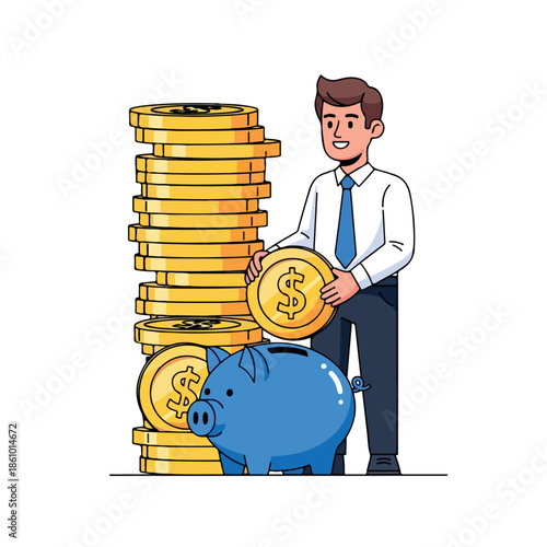 Cartoon illustration of a businessman putting a coin into a blue piggy bank next to a stack of gold coins on a white background with a professional and financial mood.