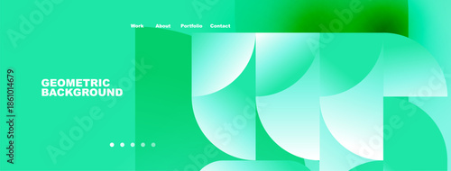 Abstract geometric design. Teal, mint hues create modern website header. Minimalist style with text elements, dots indicate navigation.