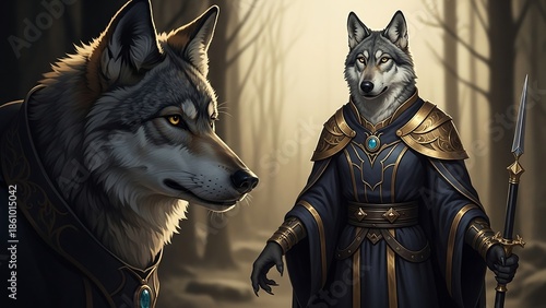 Wolf and wolf man in forest.