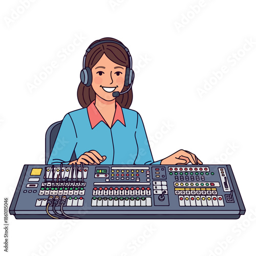 Cartoon woman wearing a headset operating a soundboard with various buttons and sliders on a plain white background.