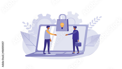 Business partners collaborating on secure data exchange with padlock