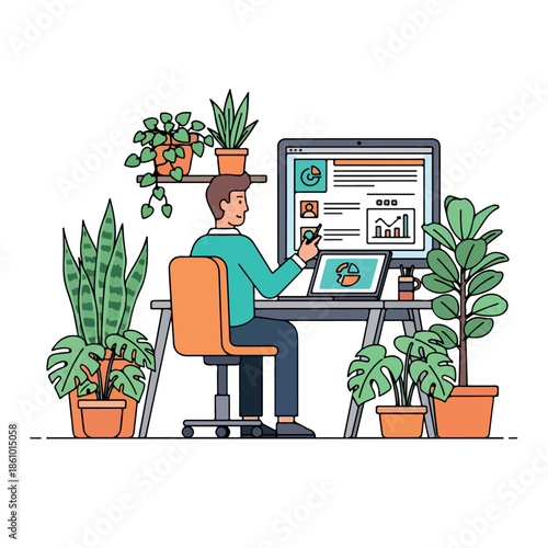 Illustration of a man sitting at a desk with a computer and plants, analyzing data on the screen in a modern workspace.