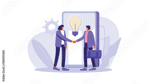 Businessmen shaking hands in front of a smartphone with a lightbulb