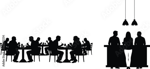Restaurant people silhouettes dining and talking, friends eating together at cafe tables and bar counter, social interaction, food, drink, communication illustration