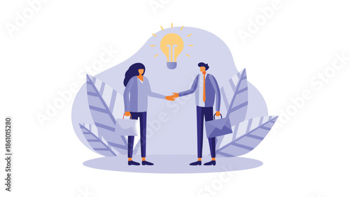 Business partnership handshake with lightbulb idea