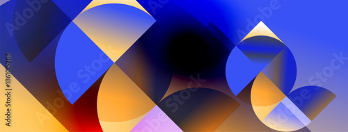 Abstract composition featuring overlapping circles, gradients. Warm, cool colors blend creating dynamic visual effect. Modern design.