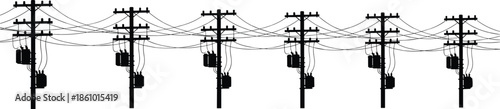 Row of electricity utility poles with power transformers, overhead wires network, high voltage energy distribution grid, urban electric infrastructure illustration background