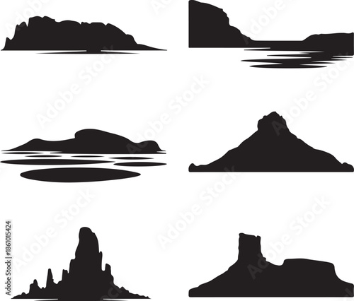 Silhouette illustrations of various island and rock formations