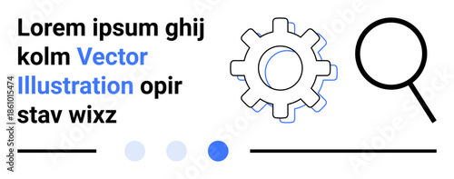 Gear icon and magnifying glass with styled lines and text element. Ideal for innovation, technology, research, strategy, development, analysis, simple landing page