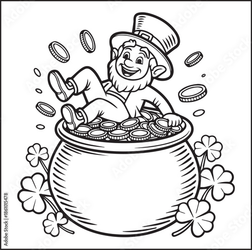 St Patrick's day coloring page for kids and adults, Leprechaun with pot of golds Irish luck black line art vector illustration doodle for holiday crafts