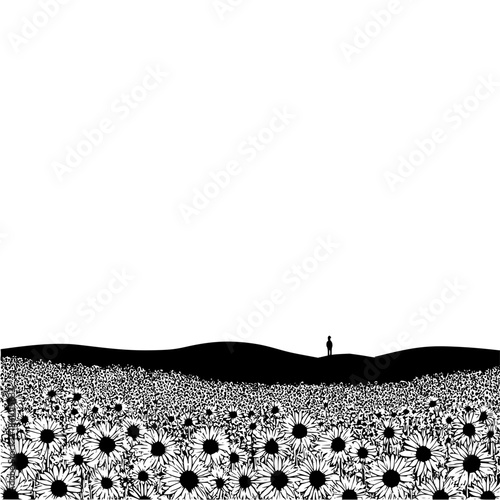 Silhouette of a person standing on a hill overlooking a field of flowers in a black and white illustration