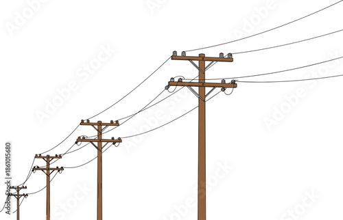 Row of wooden electricity utility poles with overhead power lines, rural energy distribution network, electric infrastructure technology, countryside utility illustration background