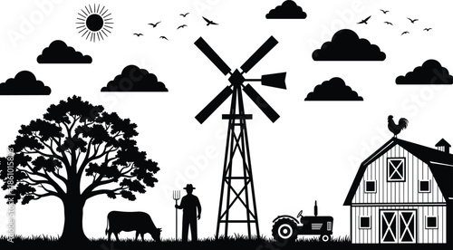 Rural farm landscape silhouette with barn, windmill, farmer, cow, tractor, trees and flying birds under sunny sky, countryside agriculture scene illustration design