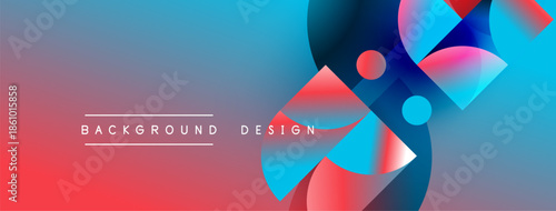 Abstract gradient background. Shapes overlap, creating dynamic visual effect. Red, blue, purple hues dominate composition. Modern design element.