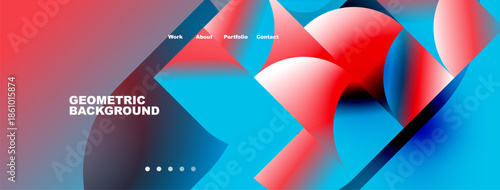 Abstract geometric background. Vibrant red, blue gradients create dynamic visual effect. Navigation menu present, dots indicate sections.