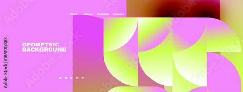 Abstract website header design. Vibrant pink, yellow hues create modern geometric background. Navigation links present. Minimalist aesthetic.