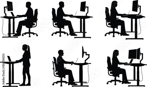 Silhouette office workers using computers at sitting and standing desks, modern workplace ergonomics, business technology, remote work concept illustration vector design set