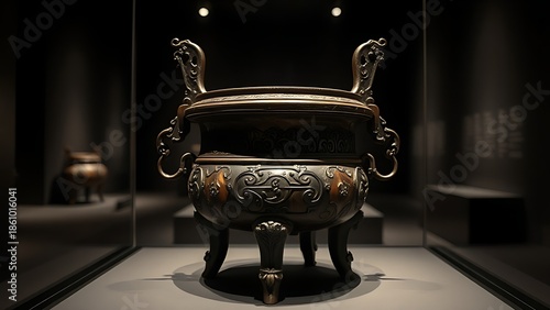 shang. A bronze ritual vessel from the Shang Dynasty displayed in a museum. event programs, museum guides, designed for cultural heritage projects and event programs, used by clinicians.