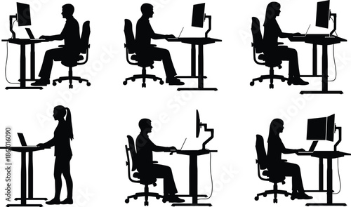 Silhouette office workers using computers at sitting and standing desks, modern workplace ergonomics, remote work, business technology, corporate workspace illustration vector design set