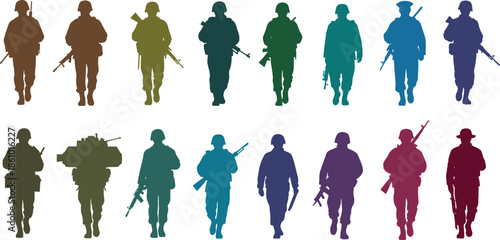 soldier silhouette set, military army troops, colorful marching soldiers illustration, armed forces vector, combat uniform silhouettes, defense security army graphic artwork