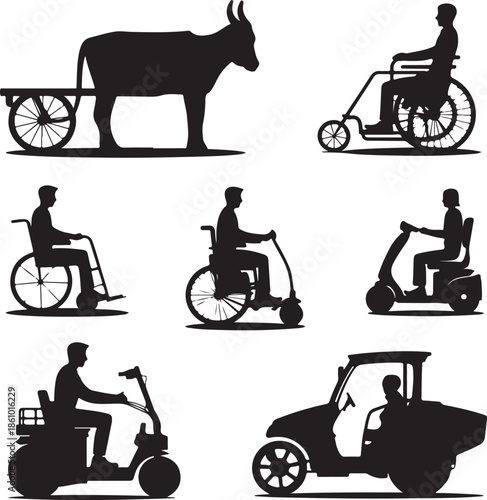 Collection of mobility aids and assistive devices silhouettes isolated