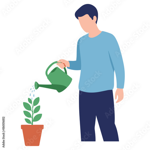 Man watering a potted plant with a green watering can nurturing growth.