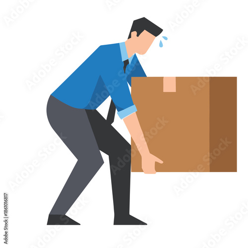 Man struggling to lift heavy cardboard box with proper technique.